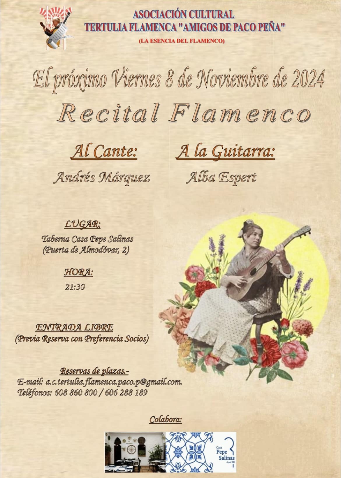 Cartel o imagen de Recital Flamenco · Al cante Andrés Márquez y a la Guitarra Alba Espert