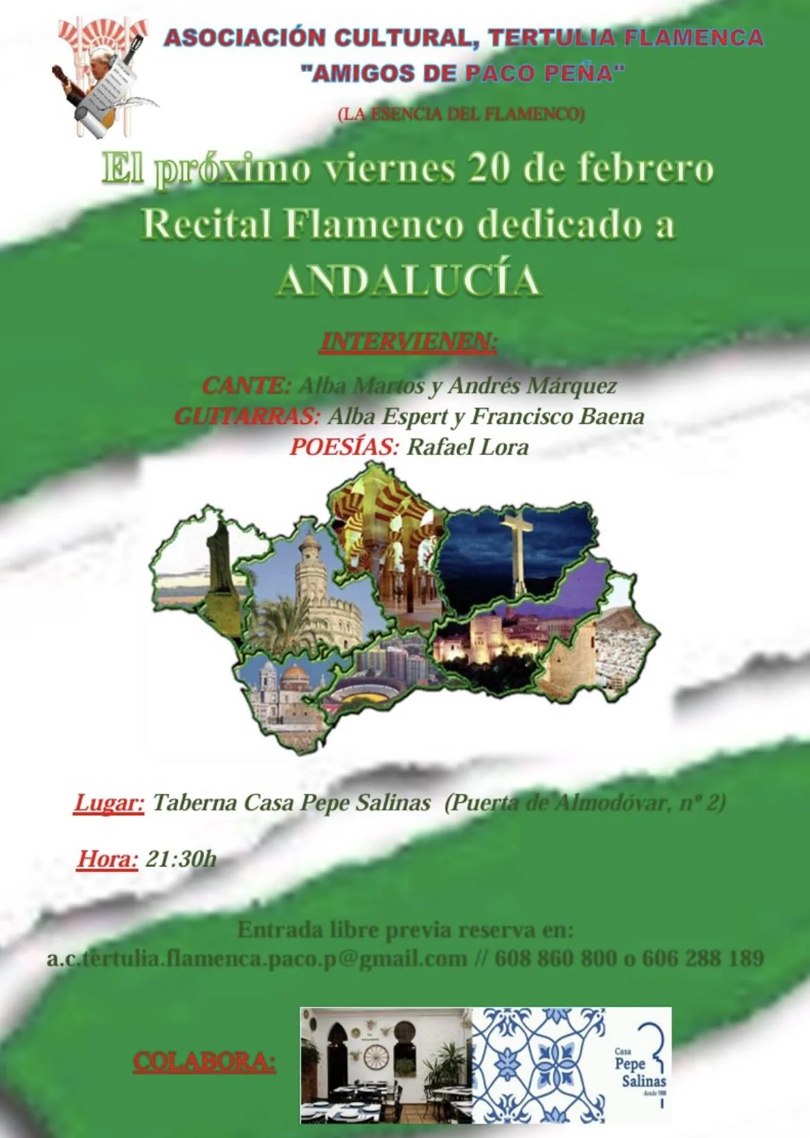 Cartel o imagen de Recital Flamenco dedicado a Andalucía · Al cante: Alba Martos y Andrés Márquez · Al toque: Alba Espert y Francisco Baena · Poesías: Rafael Lora